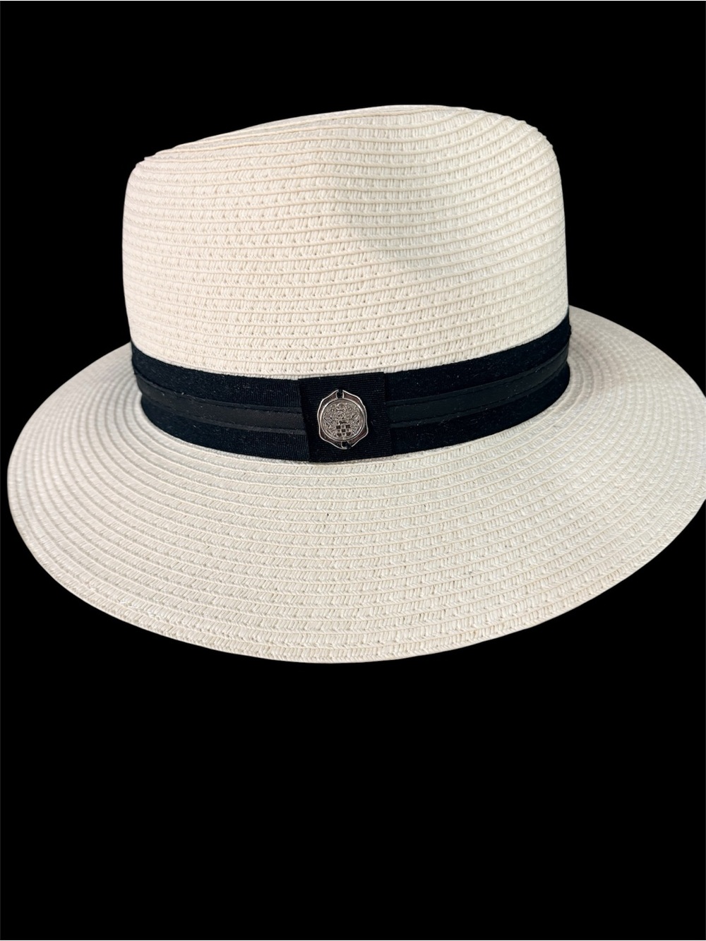 Vince Camuto Women's Ivory Fedora Hat Wide Brim Paper One Size Black Band
